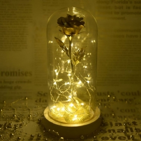 Lampa So Zlatými Ružami S Rozprávkovými Svetielkami Spadnutými Okvetnými Lístkami A Abs Základňou V Sklenenej Kupole Darčeky Na Valentína
