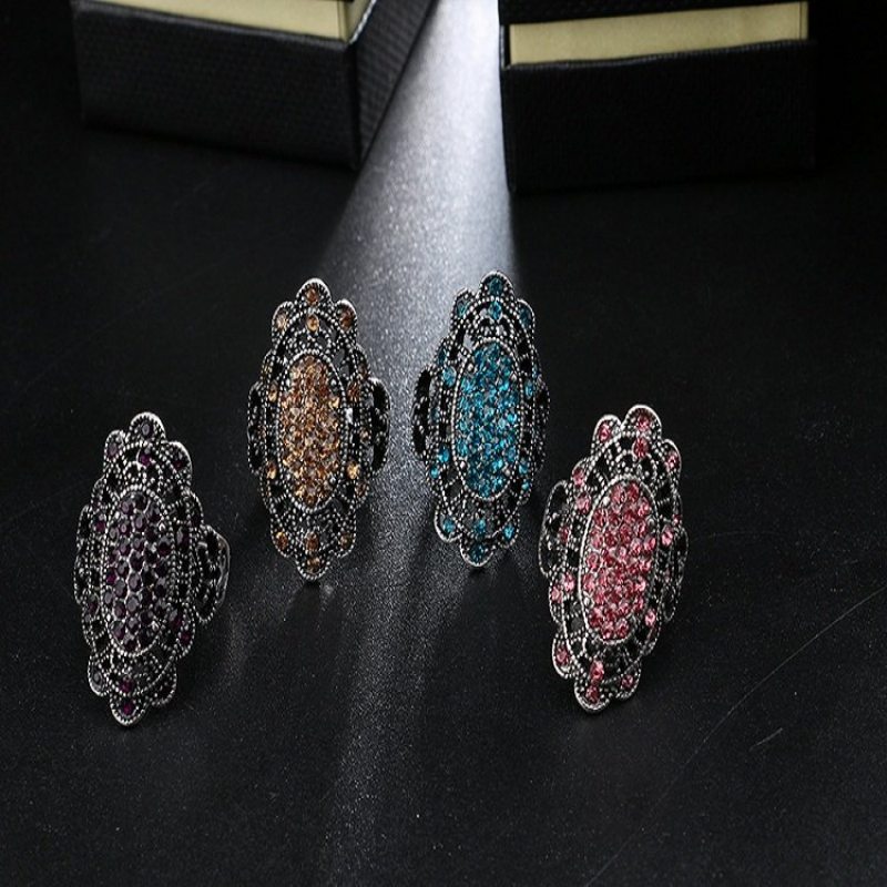 Bohemian Finger Rings Farebné Kryštálové Duté Oválne Geometrické Prstene Z Dutej Zliatiny Etnické Šperky Pre Ženy