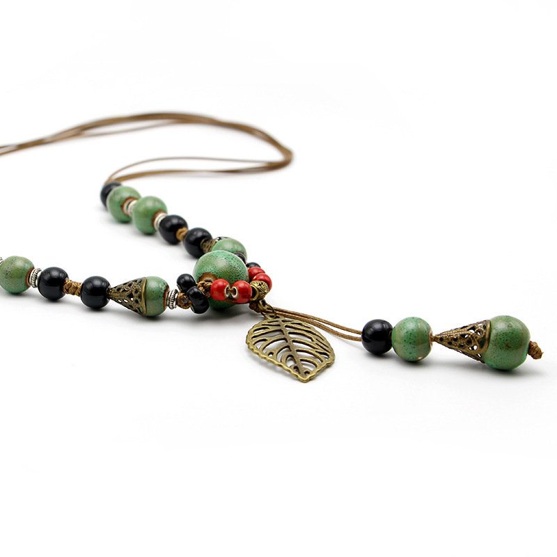 Etnické Šperky Náhrdelníky S Keramickými Korálkami Vintage Leaf Drop Charm Náhrdelník Pre Ženy