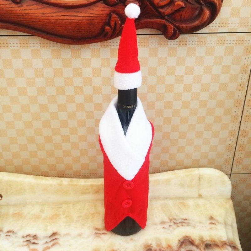 Vianočný Obal Na Fľašu Červeného Vína S Klobúkmi Dekorácia Tlačidla Santa Claus Na Večeru