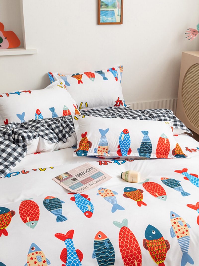 3/4 Ks Cartoon Fish And Plaid Print Ab Obojstranná Aloe Bavlna Pohodlná Posteľná Bielizeň Obliečka Na Prikrývku