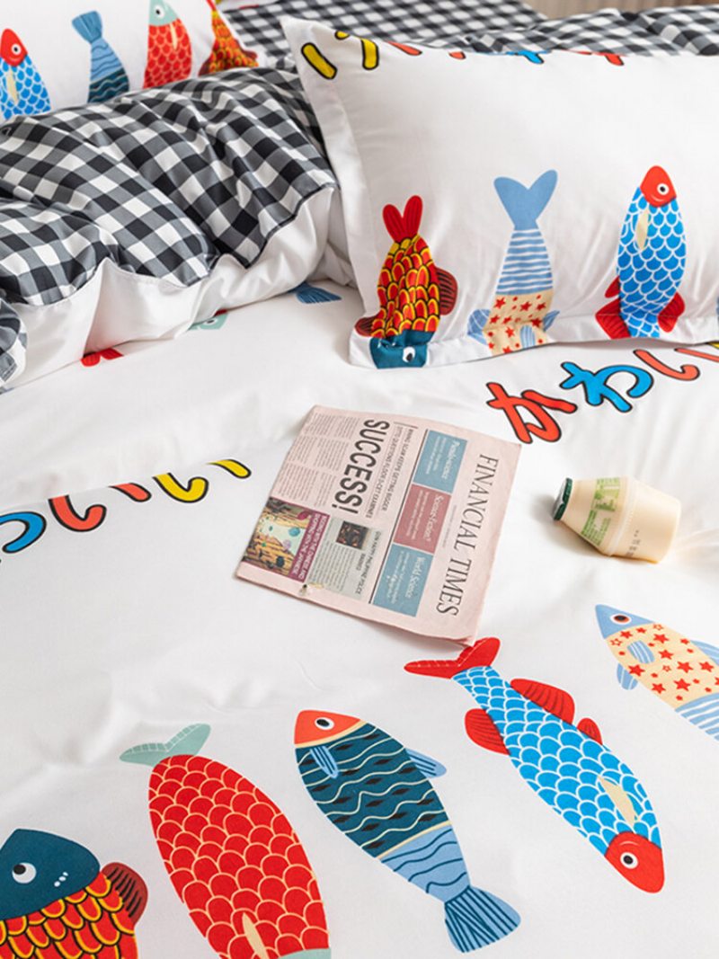 3/4 Ks Cartoon Fish And Plaid Print Ab Obojstranná Aloe Bavlna Pohodlná Posteľná Bielizeň Obliečka Na Prikrývku