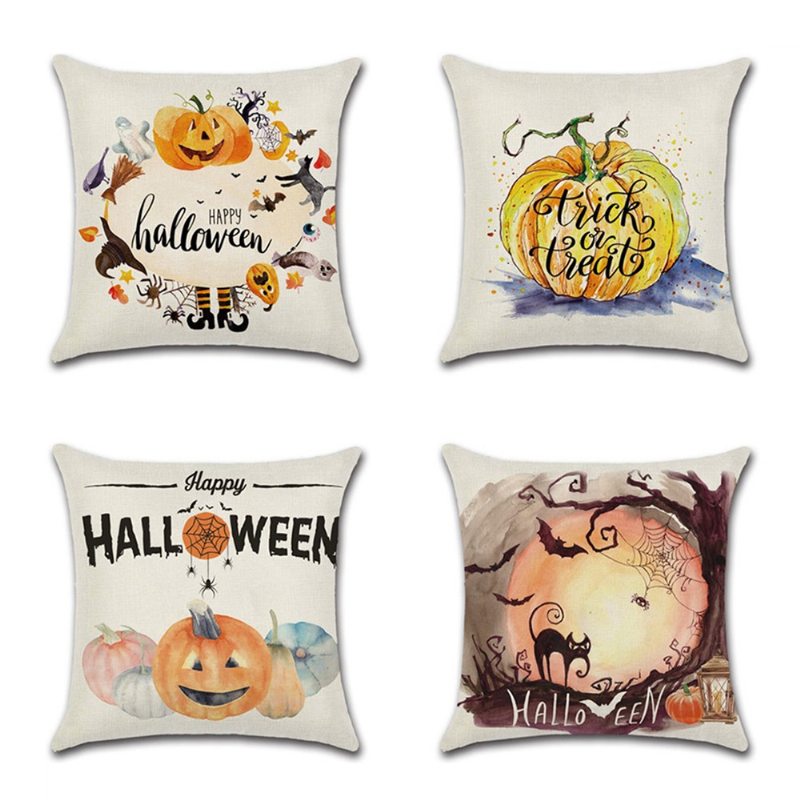 4ks Happy Halloween Throw Obliečka Na Vankúš Jesenná Tekvica Puzdro Na Pohovku 18 X 18 Palcov Bavlnené Obliečky