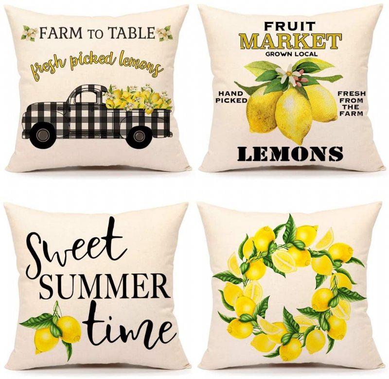 4ks Summer Lemon Farmhouse Citátové Obliečky Na Vankúše Buffalo Truck Puzdro Na Vankúš Na Pohovku 18 X 18 Palcov Bavlnená Bielizeň