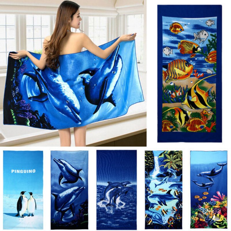 70 X 150 cm Blue Dolphin Penguin Potlač Absorpčné Plážové Uteráky Z Mikrovlákna Rýchloschnúca Osuška