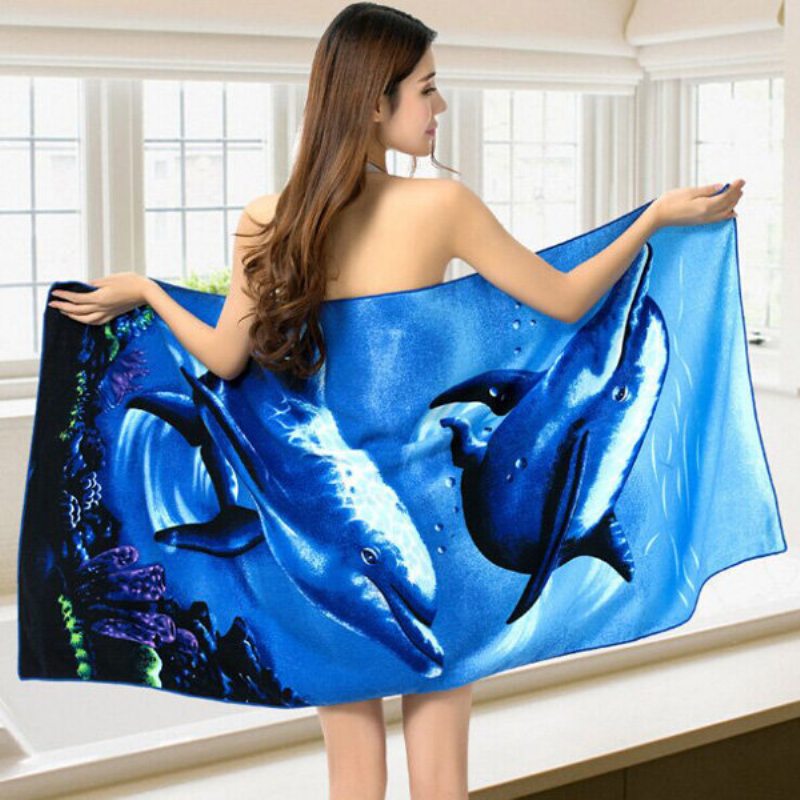 70 X 150 cm Blue Dolphin Penguin Potlač Absorpčné Plážové Uteráky Z Mikrovlákna Rýchloschnúca Osuška