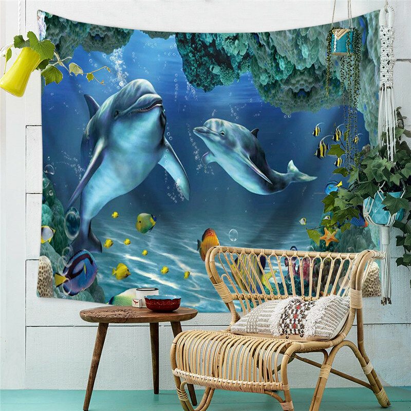Nástenný Závesný Polyesterový Gobelín So Vzorom Delfín Kosatiek Zo Série Ocean Animals