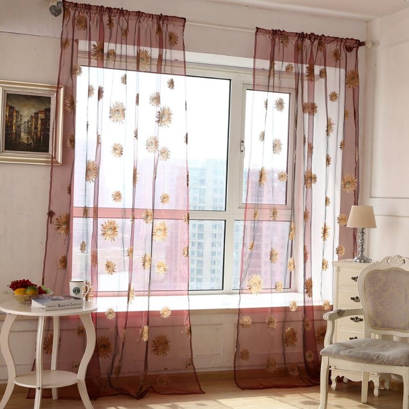 Záclona Sun Flower Voile Transparent Panel Window Delič Miestnosti Priehľadná Home Decor