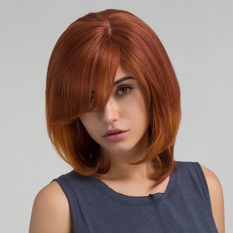 36 cm Oranžová Krátke Rovné Bob Virgin Remy Side Bang Mono Top Parochňa Z Ľudských Vlasov Bez Čiapky