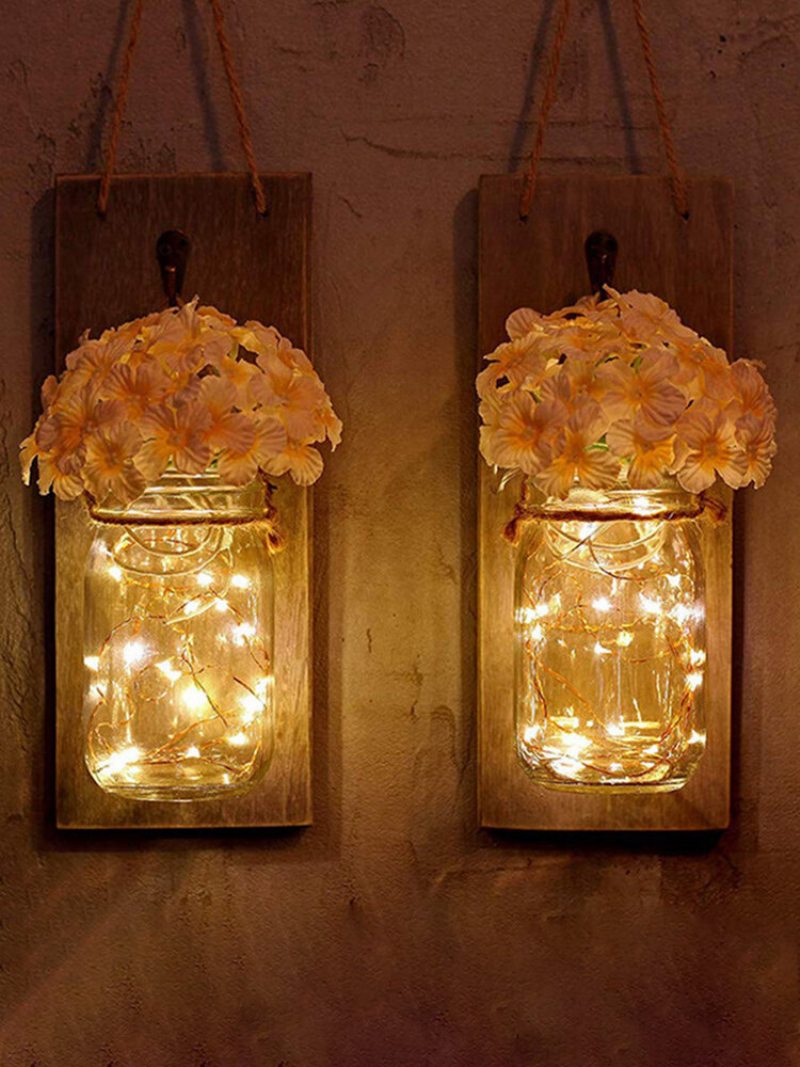 2 Ks Mason Jar Flower Light So 6-hodinovým Časovačom Led Rozprávkovými Svetlami A Kvetmi Rustikálny Bytový Dekor