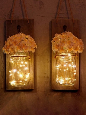 2 Ks Mason Jar Flower Light So 6-hodinovým Časovačom Led Rozprávkovými Svetlami A Kvetmi Rustikálny Bytový Dekor