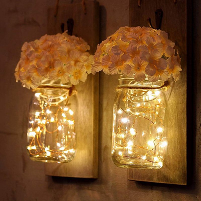 2 Ks Mason Jar Flower Light So 6-hodinovým Časovačom Led Rozprávkovými Svetlami A Kvetmi Rustikálny Bytový Dekor