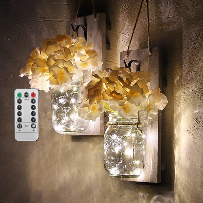 2 Ks Mason Jar Flower Light So 6-hodinovým Časovačom Led Rozprávkovými Svetlami A Kvetmi Rustikálny Bytový Dekor