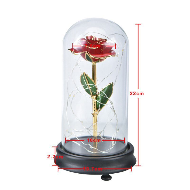 24k Zlatá Ruža S Led Svetelnou Umelou Dekoráciou Kupoly Drevená Základňa Valentínske Darčeky