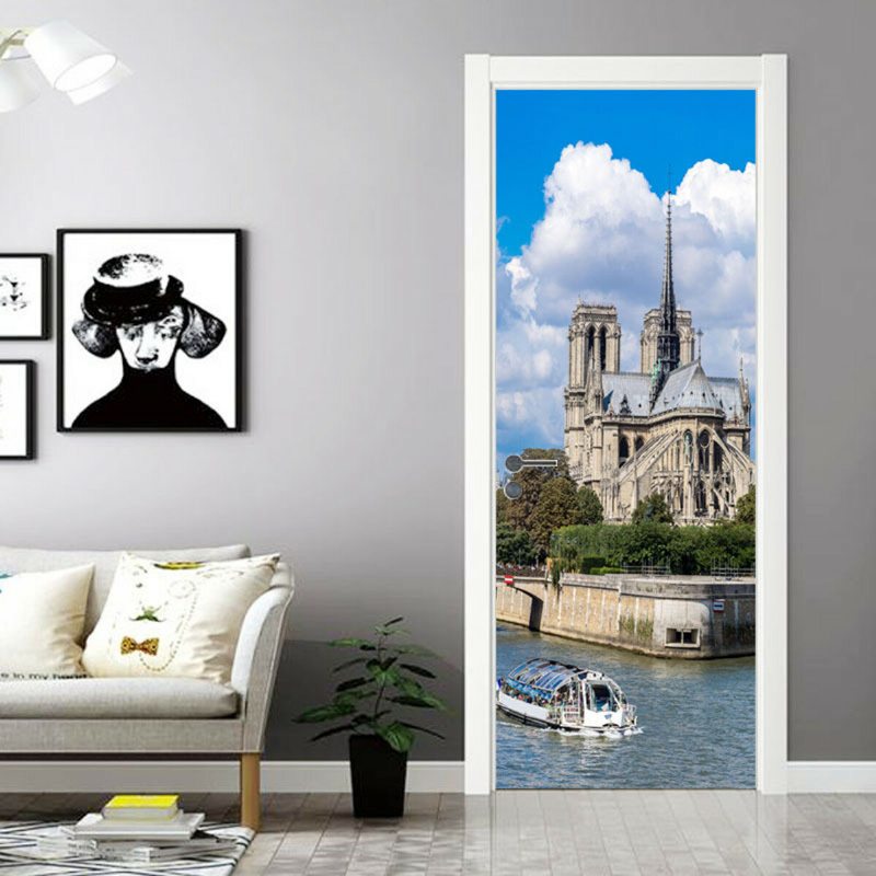Dekoratívne Nálepky Na Dvere Krásna Budova V Paríži 2 Sady 3d Na Stenu Kreatívne Odnímateľné Pvc