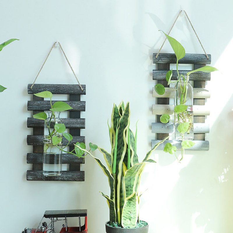Kreatívna Nástenná Sklenená Váza Hydroponická S Drevenou Doskou Dekorácia Do Obývačky