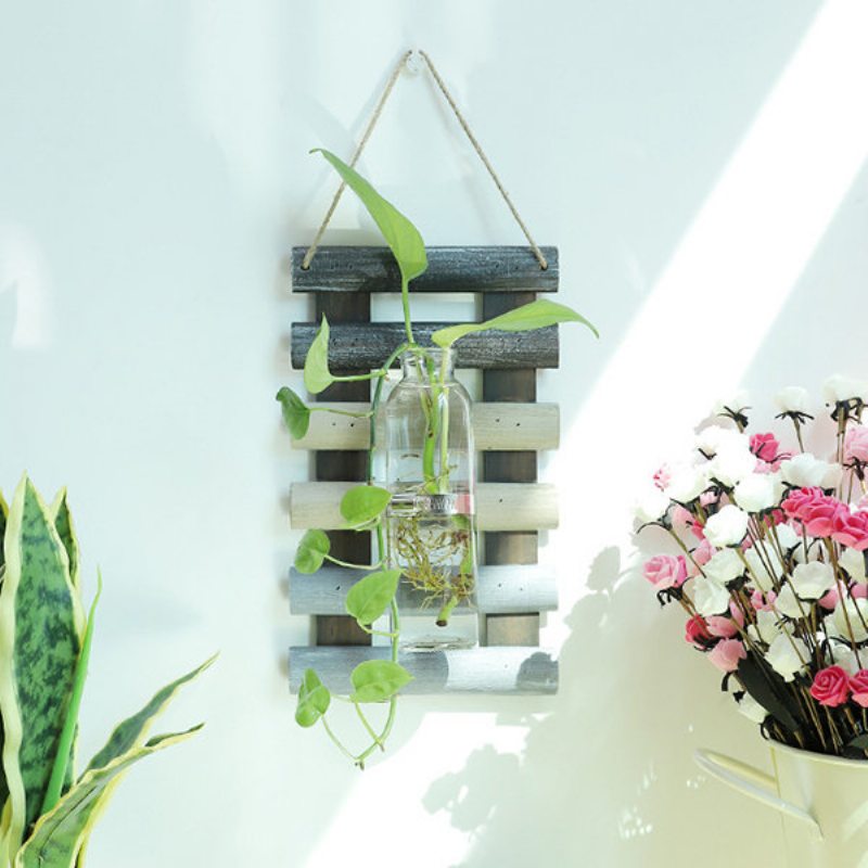 Kreatívna Nástenná Sklenená Váza Hydroponická S Drevenou Doskou Dekorácia Do Obývačky