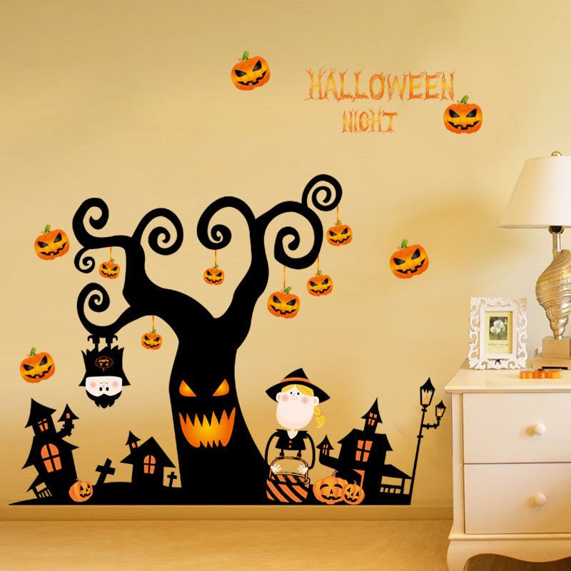 Nálepka Na Halloween Z Pvc Dom Na Strome Haunted House Zámok Tekvica Svetlá Na Stenu Okenná Dekorácia