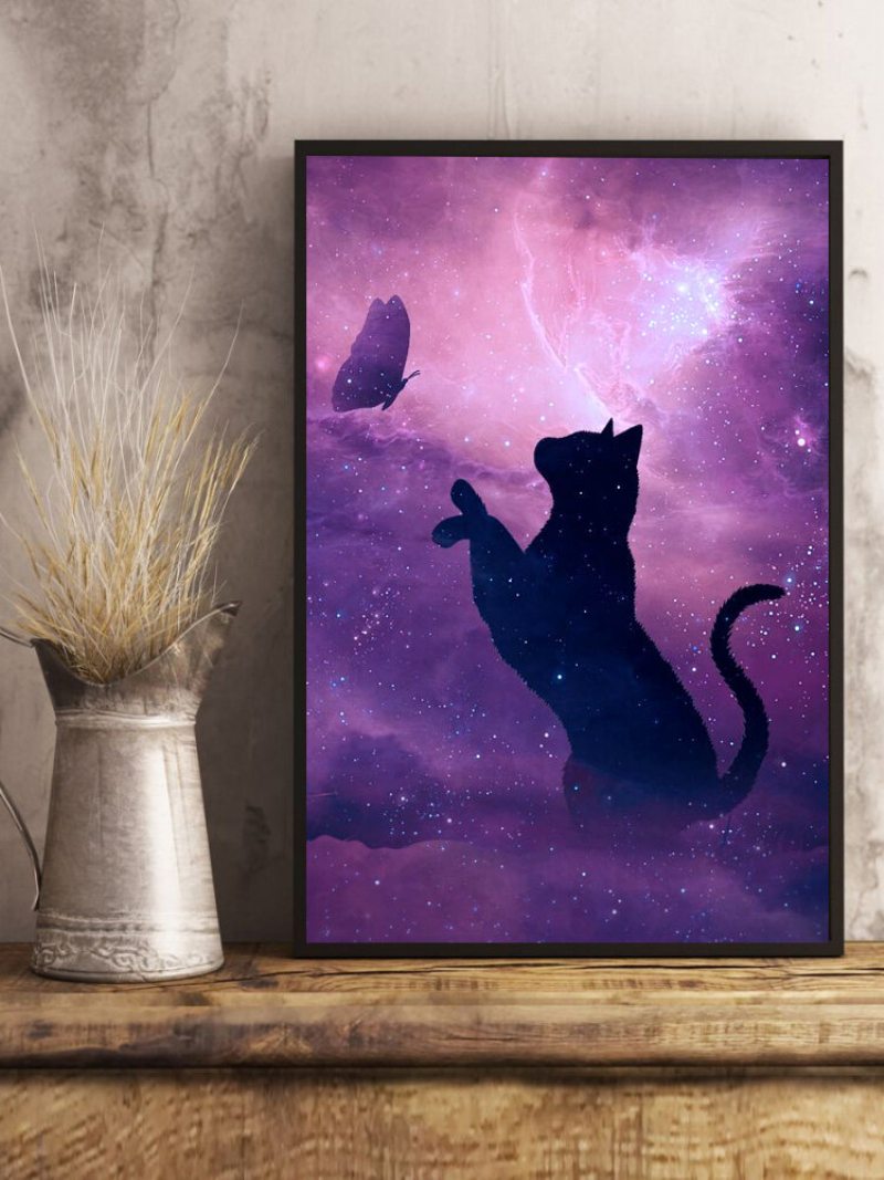 Obraz Na Plátne So Vzorom Čiernej Mačky A Motýľa Nezarámované Nástenné Umelecké Plátno Výzdoba Obývacej Izby