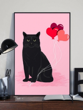 Obraz Na Plátne So Vzorom Čiernej Mačky A Ružového Balóna Nezarámované Nástenné Umelecké Plátno Obývacia Izba Home Dekor