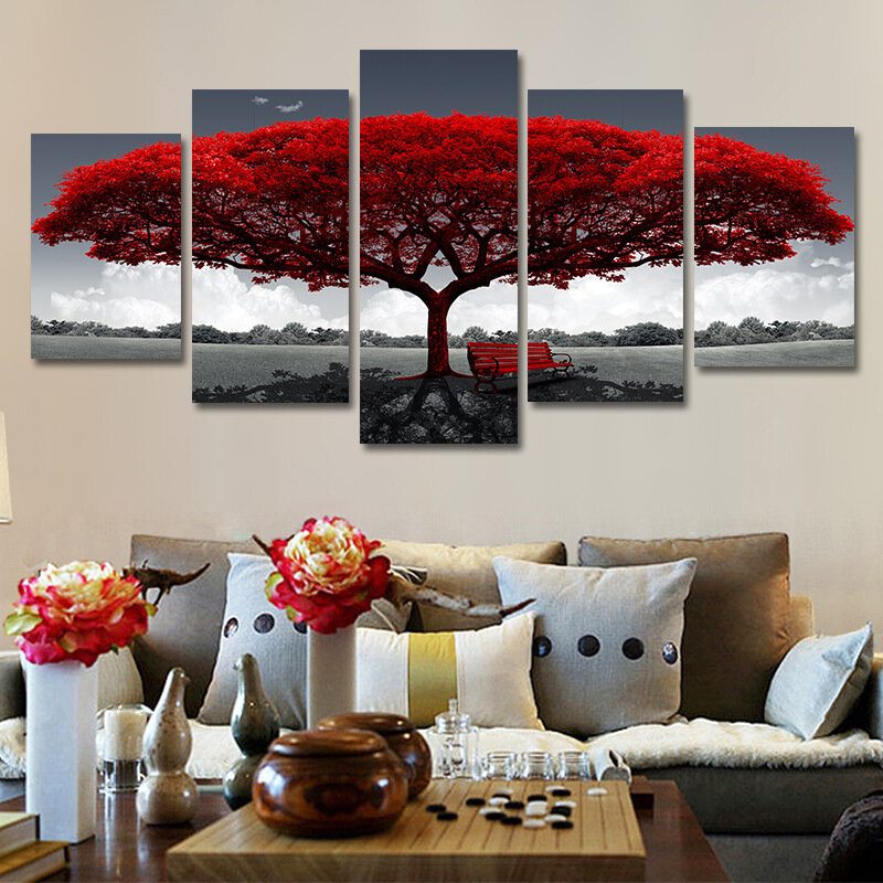 Obraz Na Plátne V Ráme Home Decor Na Stenu Moderná Lavička S Červeným Stromom