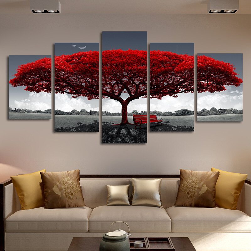 Obraz Na Plátne V Ráme Home Decor Na Stenu Moderná Lavička S Červeným Stromom