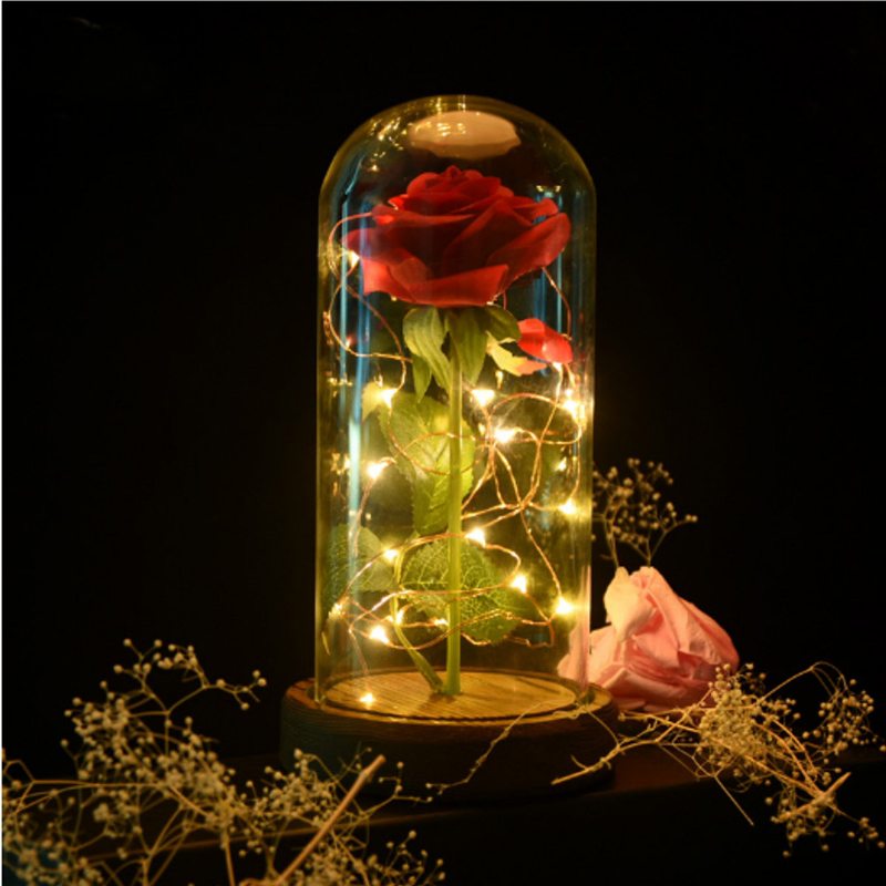 Vianočné Ozdoby Beauty Enchanted Konzervovaná Červená Svieža Ruža Sklenený Kryt + Led Svetlo
