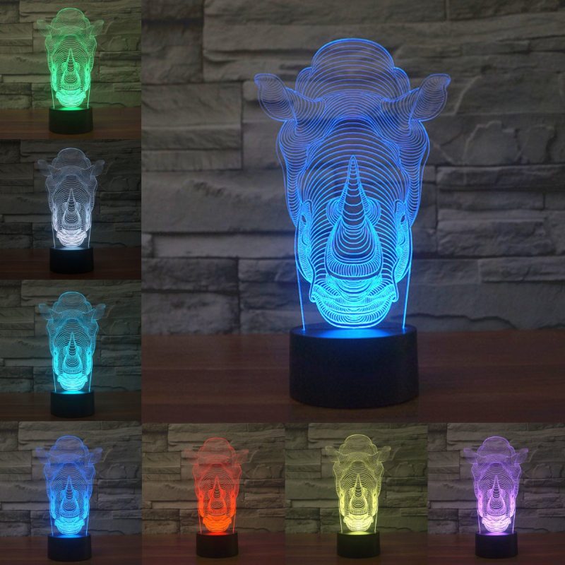 Zvieratá Rhino 3d Led Illusion Night Light 7 Zmena Farby Dotykový Spínač Stolová Lampa Na Stôl Domáce Pracovisko