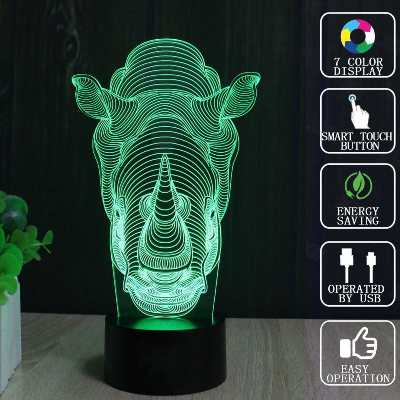 Zvieratá Rhino 3d Led Illusion Night Light 7 Zmena Farby Dotykový Spínač Stolová Lampa Na Stôl Domáce Pracovisko