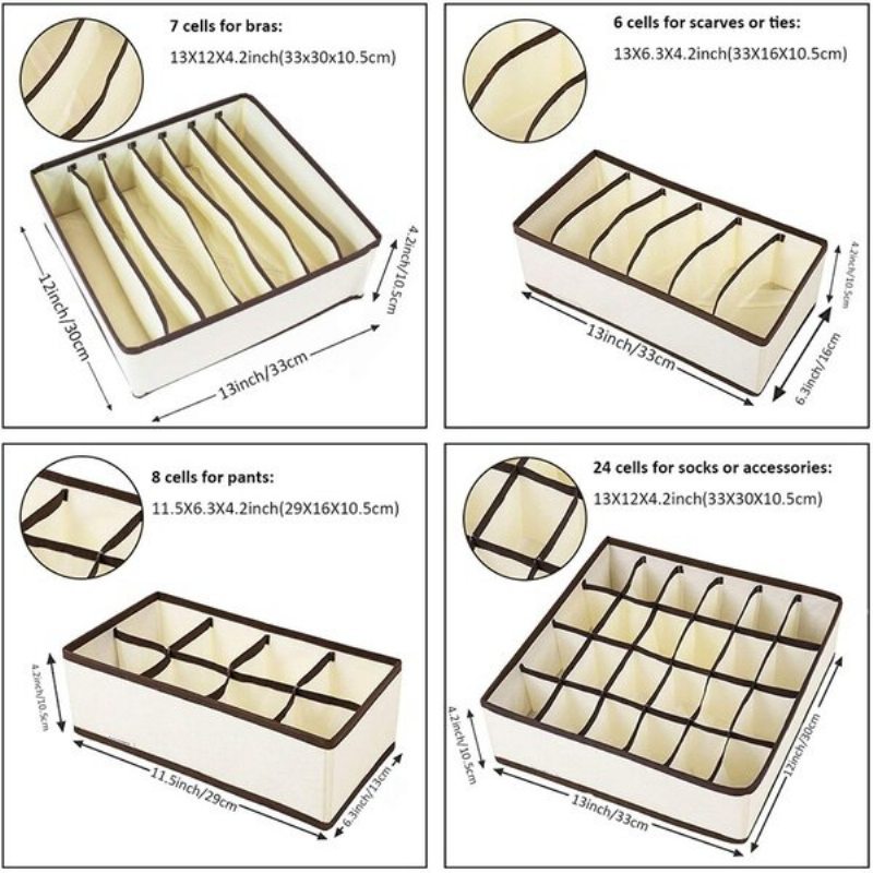 4ks Skriňový Skladací Látkový Úložný Box Ponožky Podprsenka Spodná Bielizeň Zásuvka Box