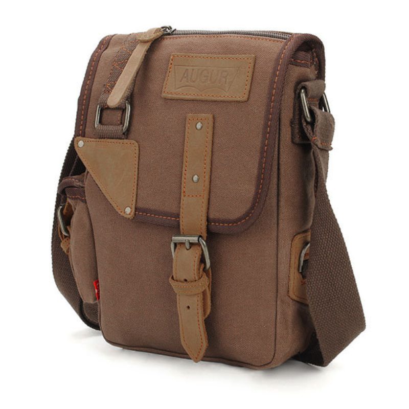 Augur Pánska Vintage Leisure Genuine Leather Canvas Messenger Crossbody Taška Cez Rameno