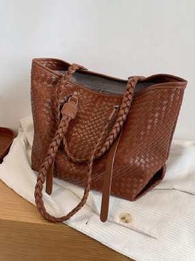 Dámska Kabelka Vintage Pu Leather Weave Veľkokapacitná Cez Rameno