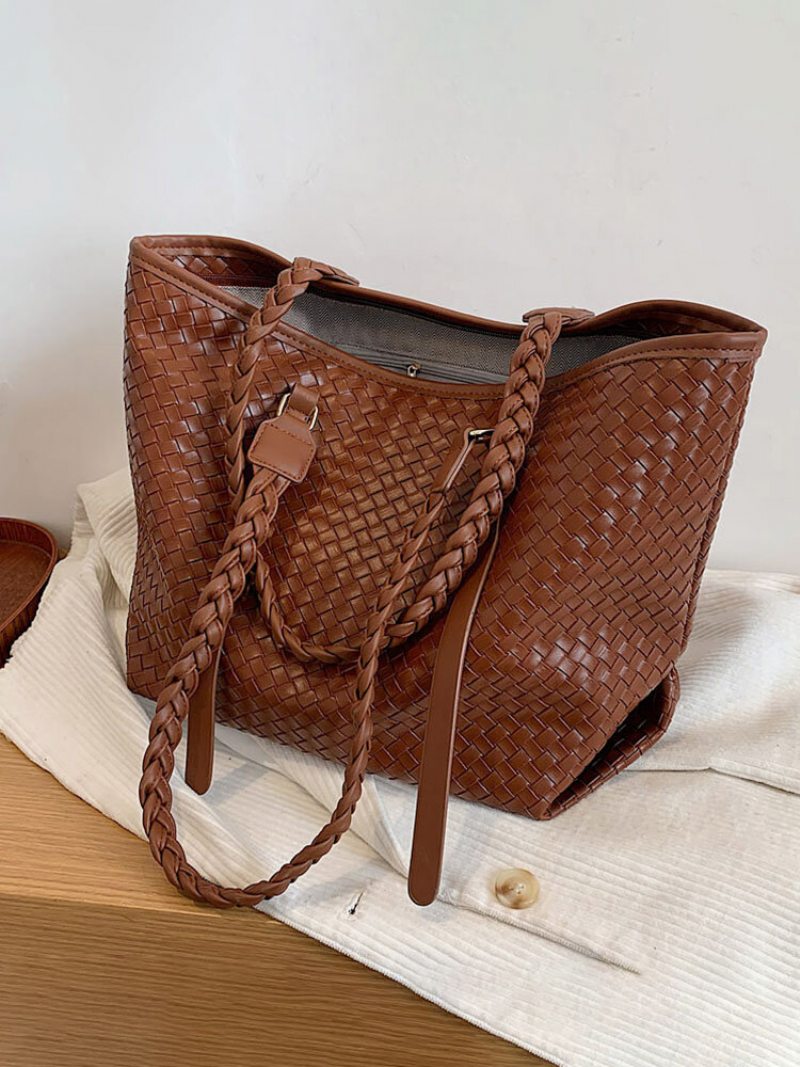 Dámska Kabelka Vintage Pu Leather Weave Veľkokapacitná Cez Rameno