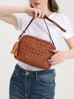 Dámska Umelá Koža Vintage Tessel Veľkokapacitná Crossbody Kabelka Módna Tkaná Taška