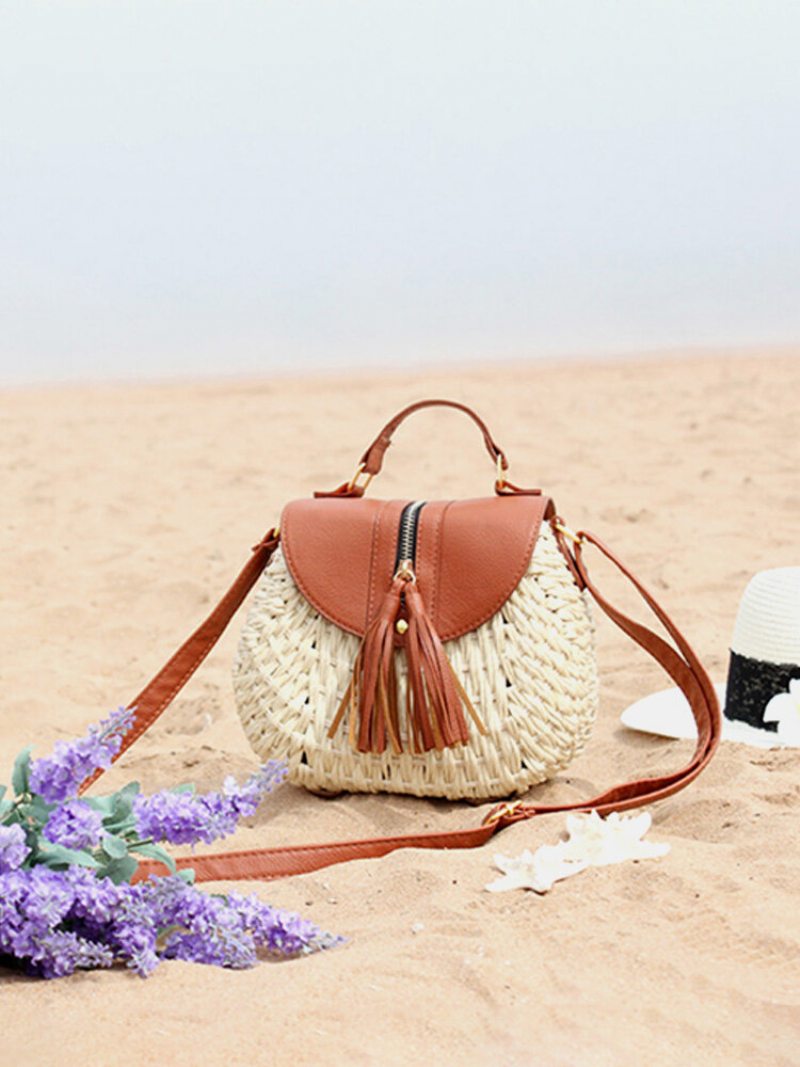 Dámske Cestovné Slamené Plážové Tašky Tassel Patchwork Crossbody