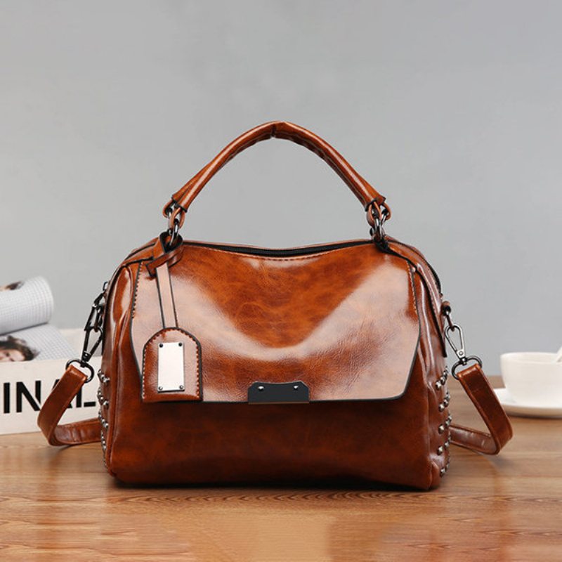 Dámsky Vintage Oil Wax Rivet Vankúš Boston Kabelka Pevná Crossbody