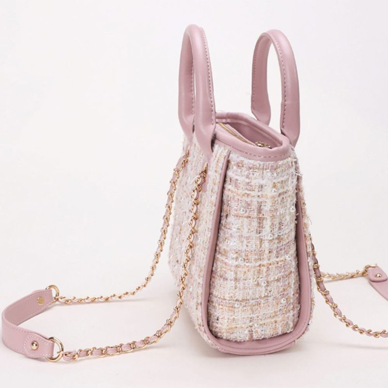 Elegantná Dievčenská Kabelka S Perlovým Zdobením Dámska Taška Z Elegantnej Tkaniny S Kovovým Popruhom Cez Rameno Vlnená Crossbody Pre Ženy