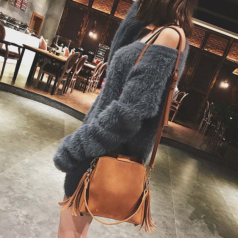 Fashion Scrub Women Bucket Bag Vintage Tassel Messenger Bag Vysoko Kvalitná Retro Taška Cez Rameno Simple Crossbody Bag Tote