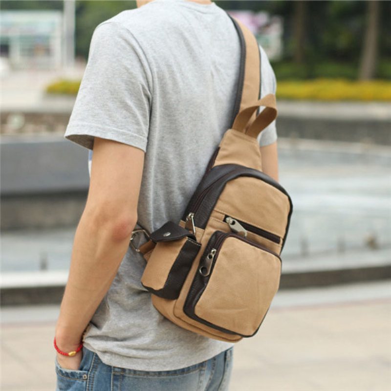 Men Canvas Casual Pu Kožená Taška Na Hrudi Cez Rameno Crossbody Kabelky