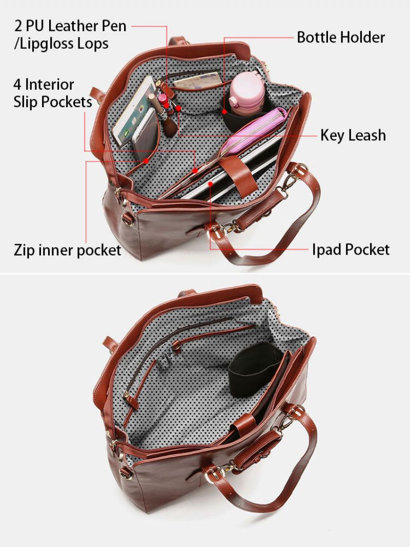 Multi-vrecko Z Umelej Kože Veľká Kapacita 13.3-palcová Taška Na Notebook Dvojdielna Súprava Kabelky Crossbody Kabelka Tote