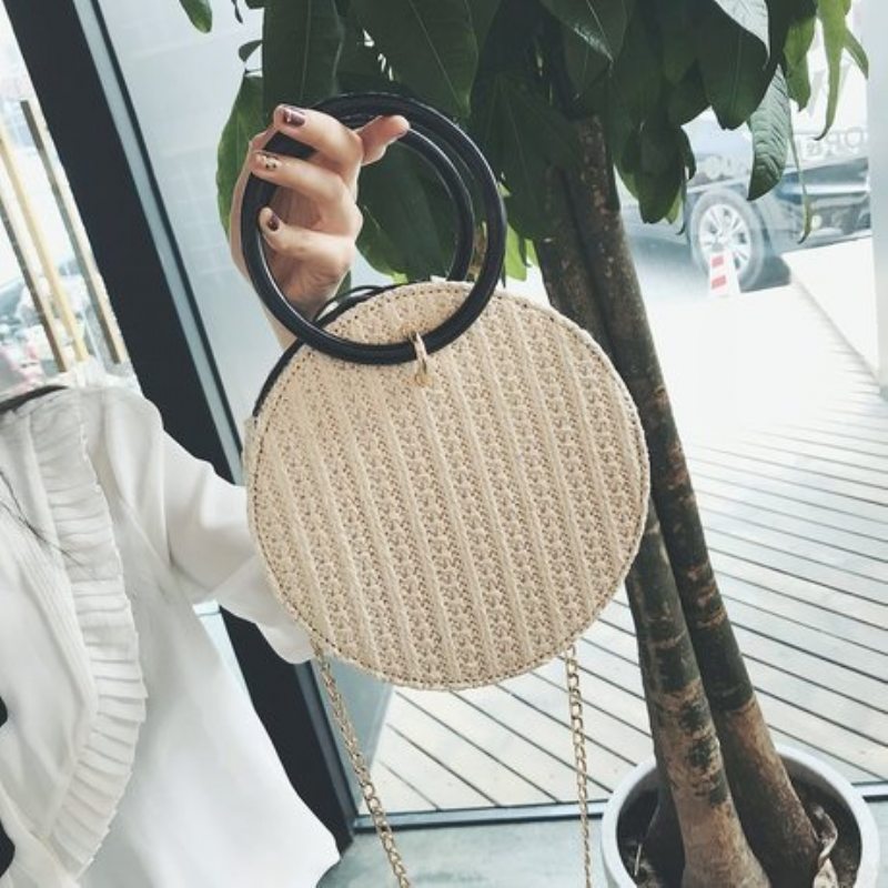 Okrúhly Kruhový Ratanový Prútený Slamený Tkaný Strapec Crossbody Plážová Taška Darčekový Košík