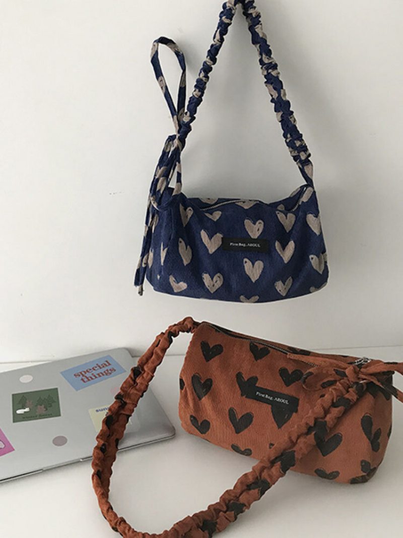 Retro Coduroy Patchwork Veľkokapacitná Kabelka Crossbody S Potlačou Srdca