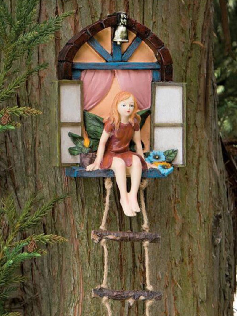 1 Pc Rozprávkový Dom Závesná Socha Na Strome Ručne Maľované Okno Sediaca Víla S Rebríkom Zo Živice Miniatúrna Dekorácia Do Domácej Záhrady