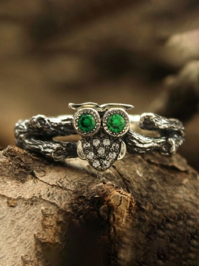 1 Ks Alloy Vintage Magical-like Branch Design Green Owl Pendant Ring