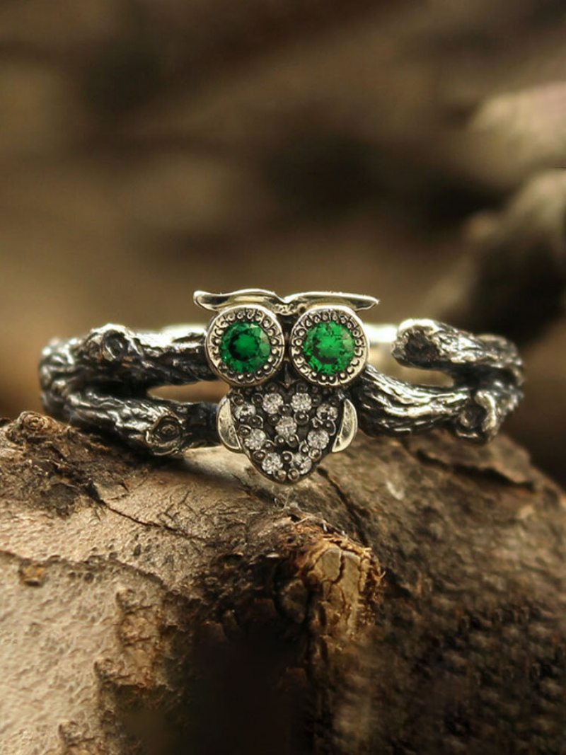 1 Ks Alloy Vintage Magical-like Branch Design Green Owl Pendant Ring