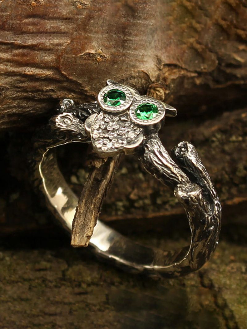 1 Ks Alloy Vintage Magical-like Branch Design Green Owl Pendant Ring