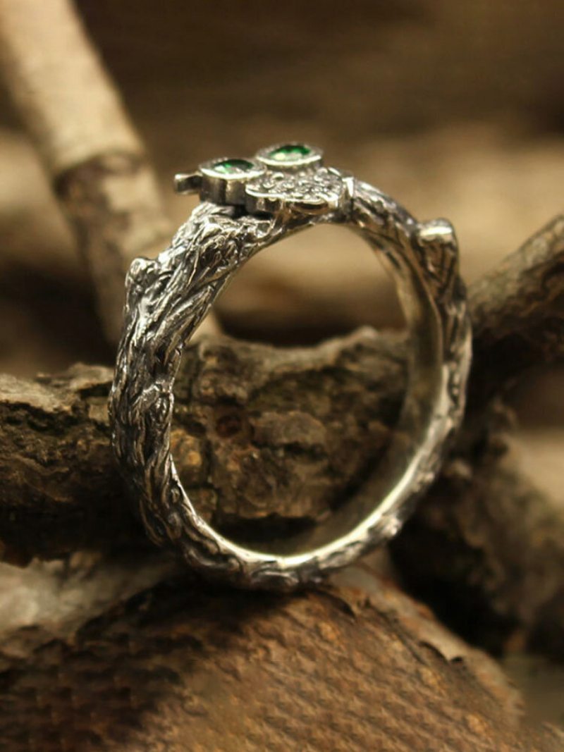 1 Ks Alloy Vintage Magical-like Branch Design Green Owl Pendant Ring
