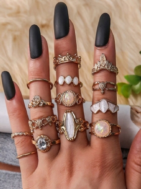 14 Ks Vintage Trendy Multi-tvarovaný Vyrezávaný Starry Sky Gem Alloy Prsteň