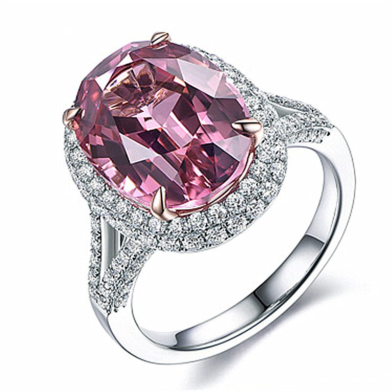 18k Zlato Imitácia Prírodného Ružového Turmalínového Prsteňa S Ružovými Diamantmi Veľký Voľný Kameň Diamantom Pokovované Šperky