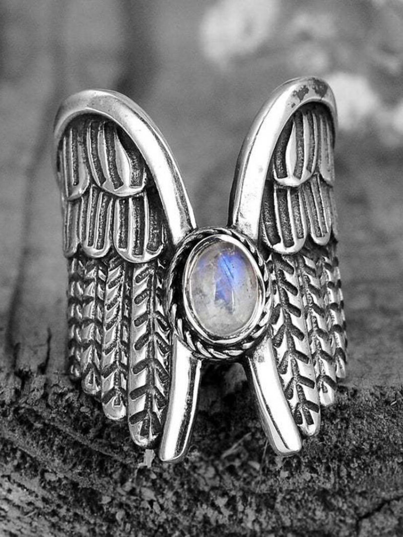 Alloy Vintage Angel Wing Ring Moon Stone Dámsky Prsteň Thai Silver Feather